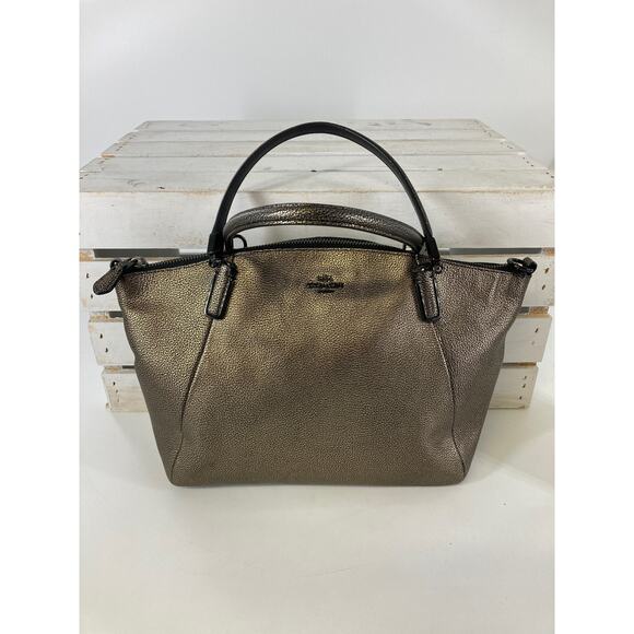 COACH 33736 MEDIUM SIZE GOLD, BLACK LEATHER METALIC HANDBAG - Picture 2 of 12